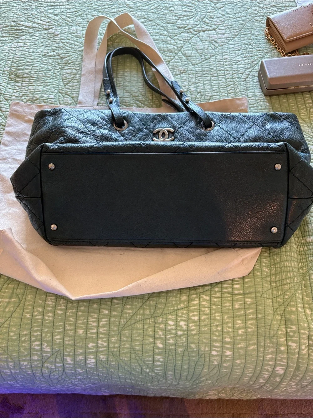 Authentic CHANEL Quilted Leather Tote in Deep Green with Silver Hardware